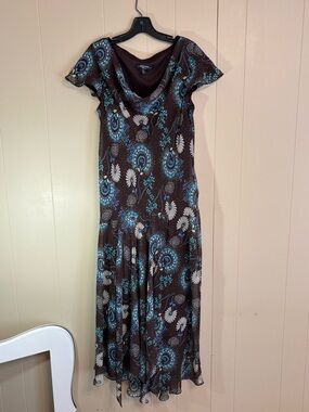 R&M Richards Brown Maxi Dress with Blue and White Floral Print